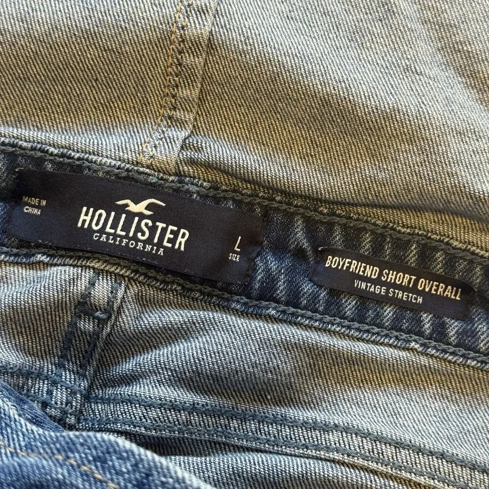 Hollister Boyfriend Short Denim Overalls Size Large Distressed Raw Hem Stretch